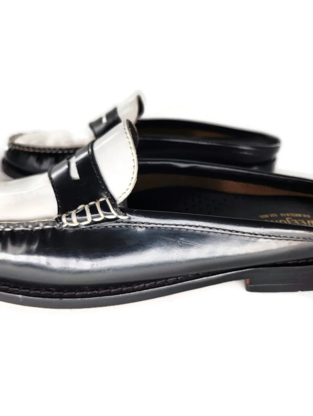 G.H. Bass Weejuns Wynn Black & White Leather Handsewn Slip-On Penny Loafer Mules - Picture 9 of 13
